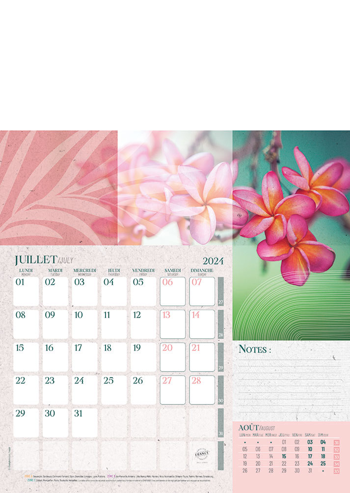 calendrier illustrés 2024 fleurs, 1 mois / page 